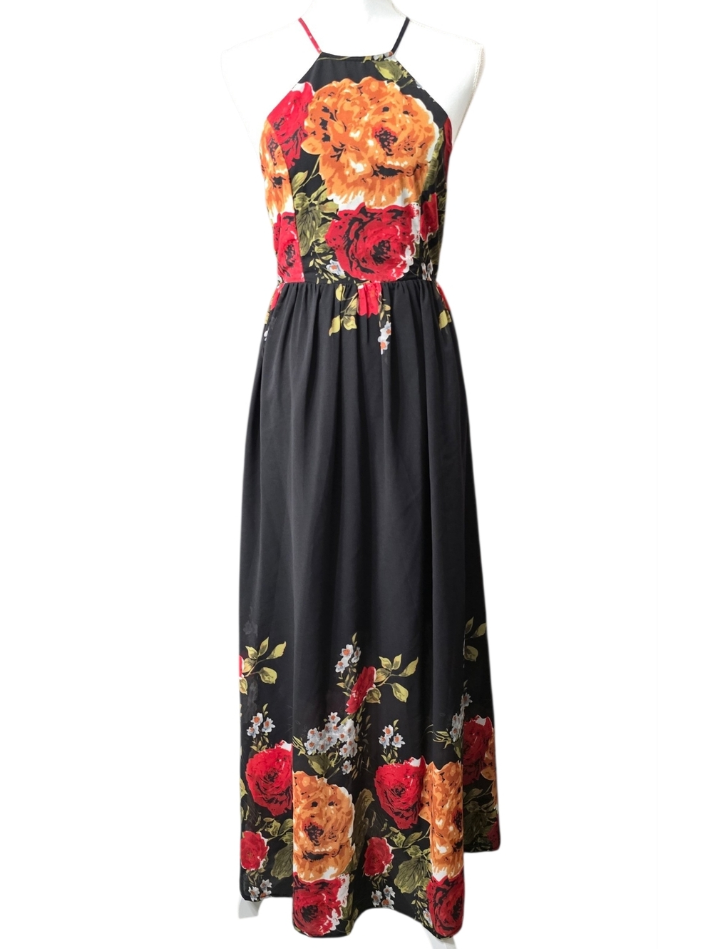 Floral Halter Maxi Dress in Black with Red & Orange Blooms